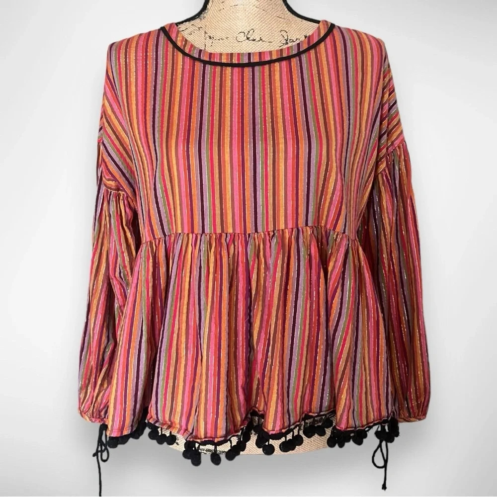AMARYLLIS Women's Colorful Striped Long Sleeve Top With Pom Pom Trim Small | EUC